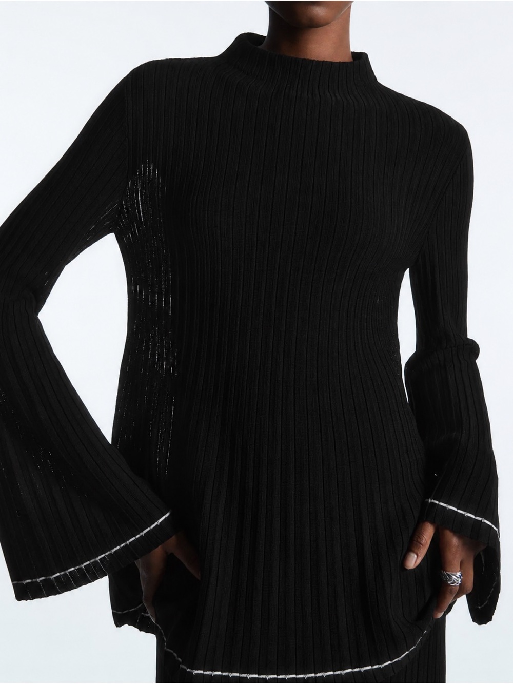 COS Accordion Pleated Knit Tunic Top Black/White Trim M